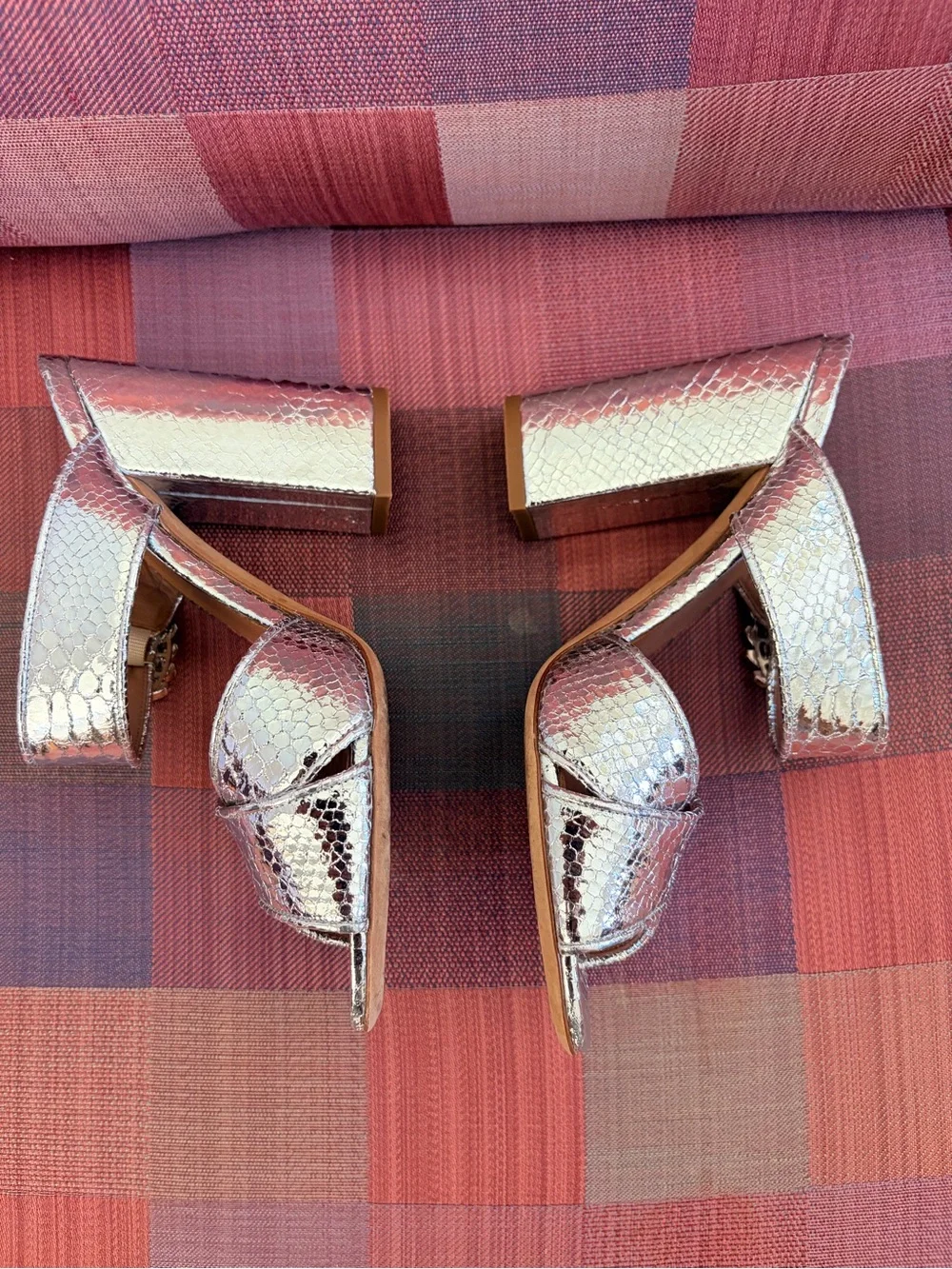 Tabitha Simmons Silver Snakeskin-Texture Crystal Buckle Peep-Toe Heels